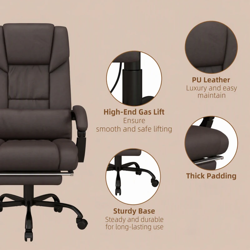 Vinsetto 6-Point Vibration Massage Chair, Height Adjustable Reclining Computer Chair with Retractable Footrest, Brown
