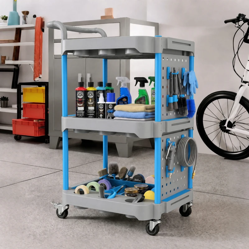 HOMCOM 3-Tier Rolling Tool Cart with Pegboard and Hooks, 286 LBS Capacity, Mobile Organizer, Gray and Blue