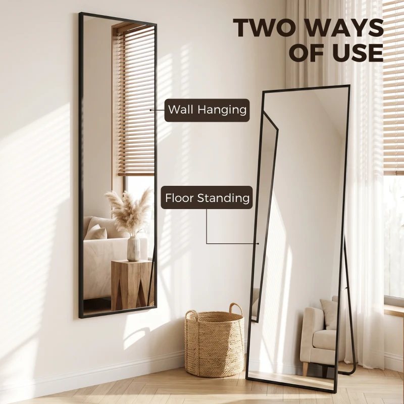 HOMCOM 64"x20" Full Length Mirror, Tempered Glass Floor Mirror with Stand, Standing, Hanging or Leaning Against Wall, Black