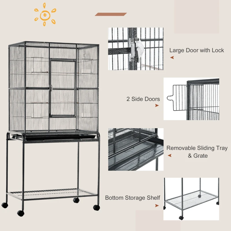 PawHut Large Rolling Metal Bird Cage Bird House with Detachable Rolling Stand, Storage Shelf, Wood Perch Food Container - Black