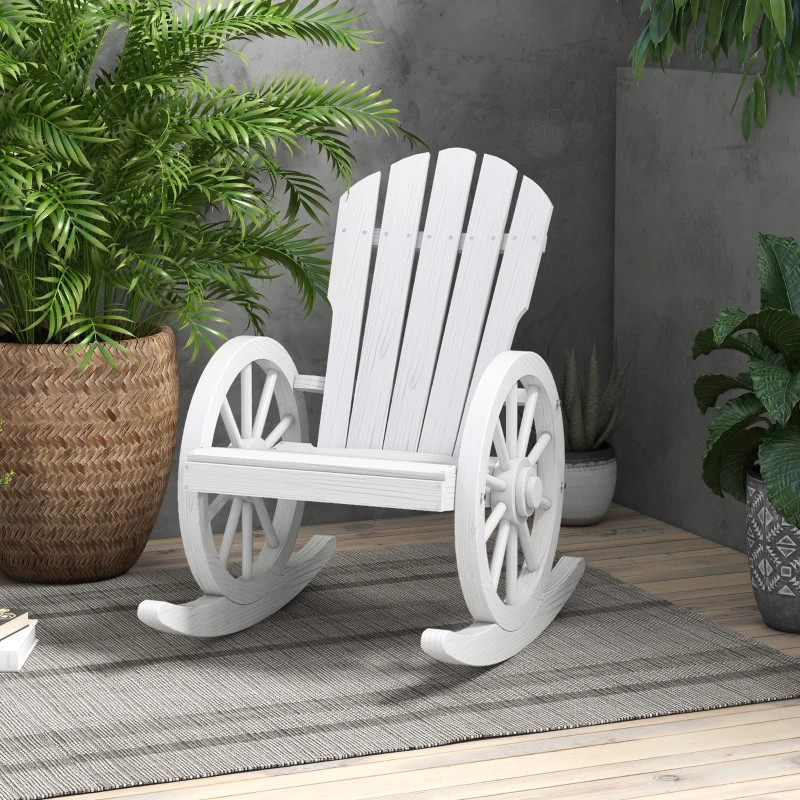 Outsunny Wooden Rocking Chair, Adirondack Rocker Chair w/ Slatted Design and Oversized Back, for Porch, and Garden, White