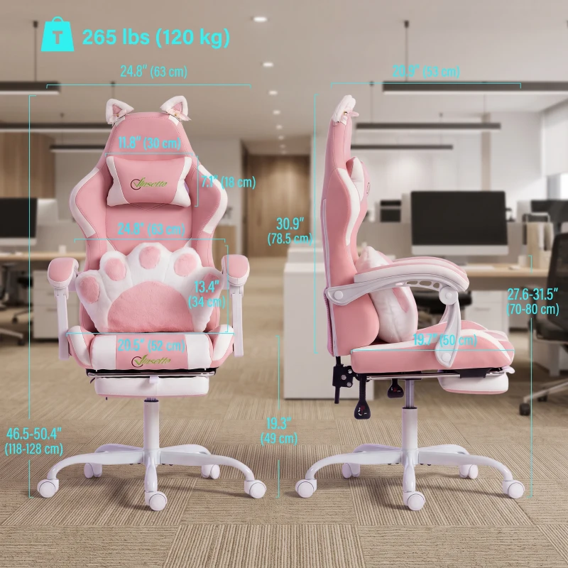 HOMCOM Cute Gaming Chair with Cat Ears, Gamer Computer Chair with Lumbar Support, Footrest, Headrest, Faux Leather, Pink