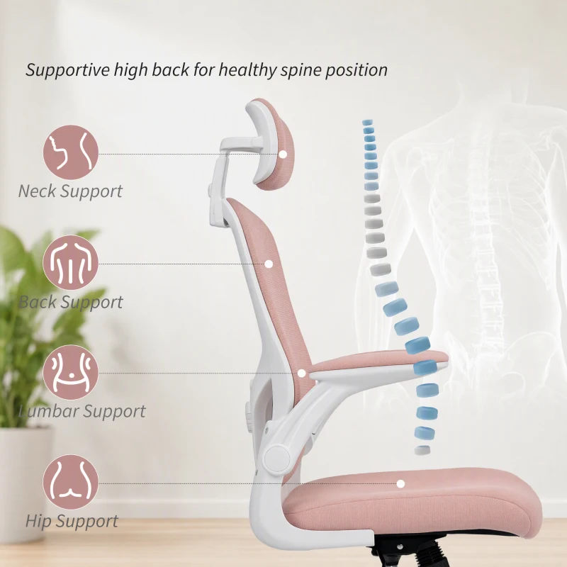 HOMCOM Ergonomic Office Chair, Mesh Desk Chair with Adjustable Headrest, Lumbar Support and Height, Flip-Up Armrests, Pink