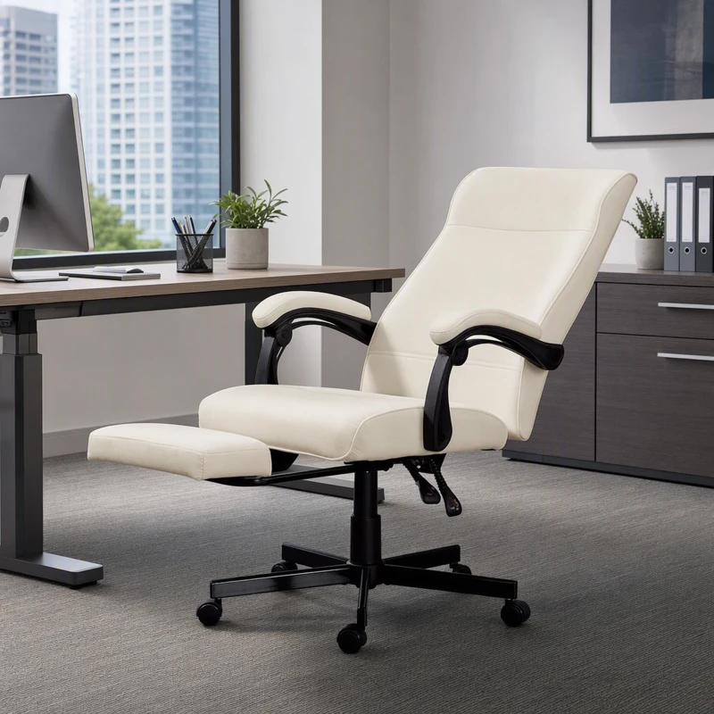 Vinsetto Office Chair, High Back Desk Chair, Swivel Recliner with Adjustable Height, Footrest and Padded Armrest, Cream White