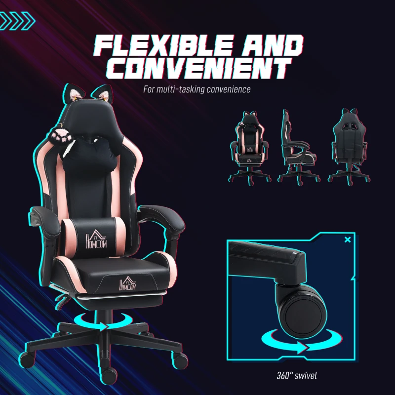 HOMCOM Cute Racing Gamer Chair, Faux Leather Gaming Chair with Footrest, Headrest and Lumbar Support, Black