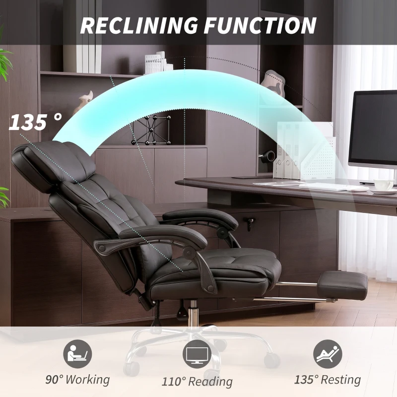 HOMCOM PU Leather Office Chair, Reclining Desk Chair with Footrest, Adjustable Headrest, Lumbar Support, Swivel Wheels, Black