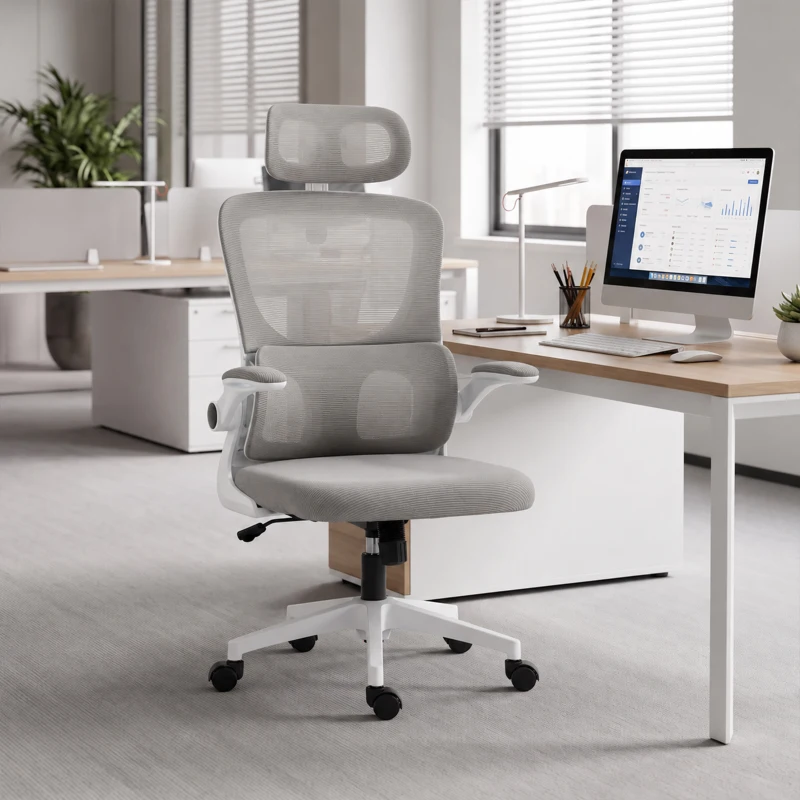 HOMCOM Mesh Office Chair, Ergonomic Desk Chair with Flip-up Armrest, Rotatable Headrest, Adjustable Lumbar Support, Grey