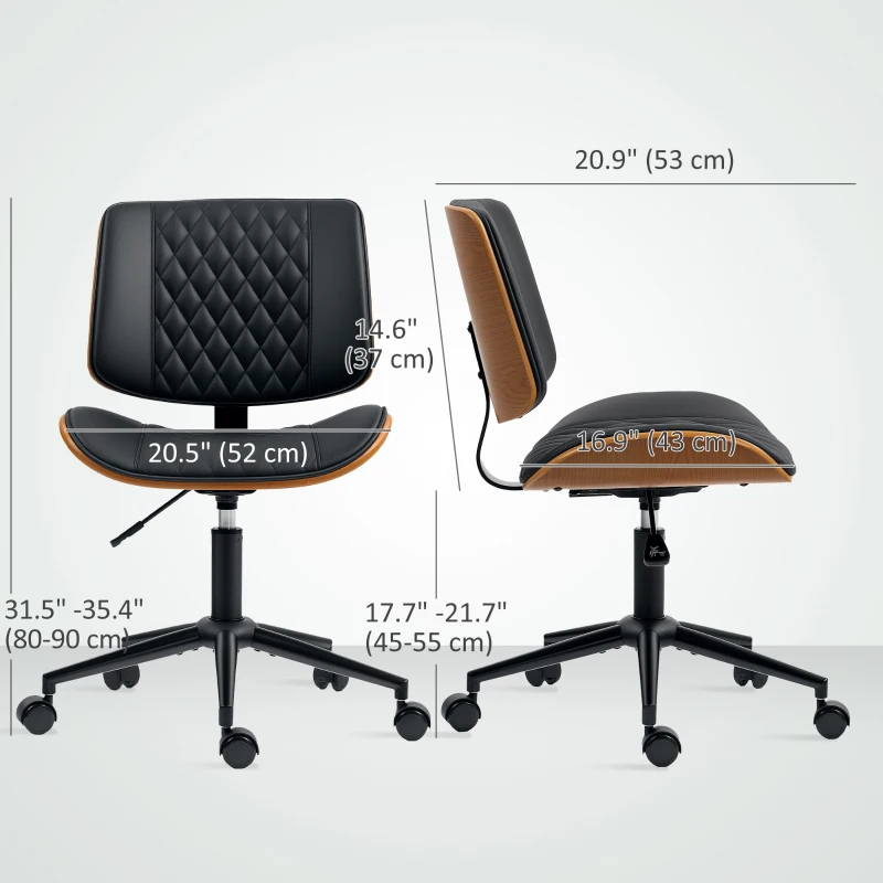 HOMCOM Office Chair No Arms with Wheels, PU Leather Desk Chair with Adjustable Height, Swivel Wheels for Office, Black