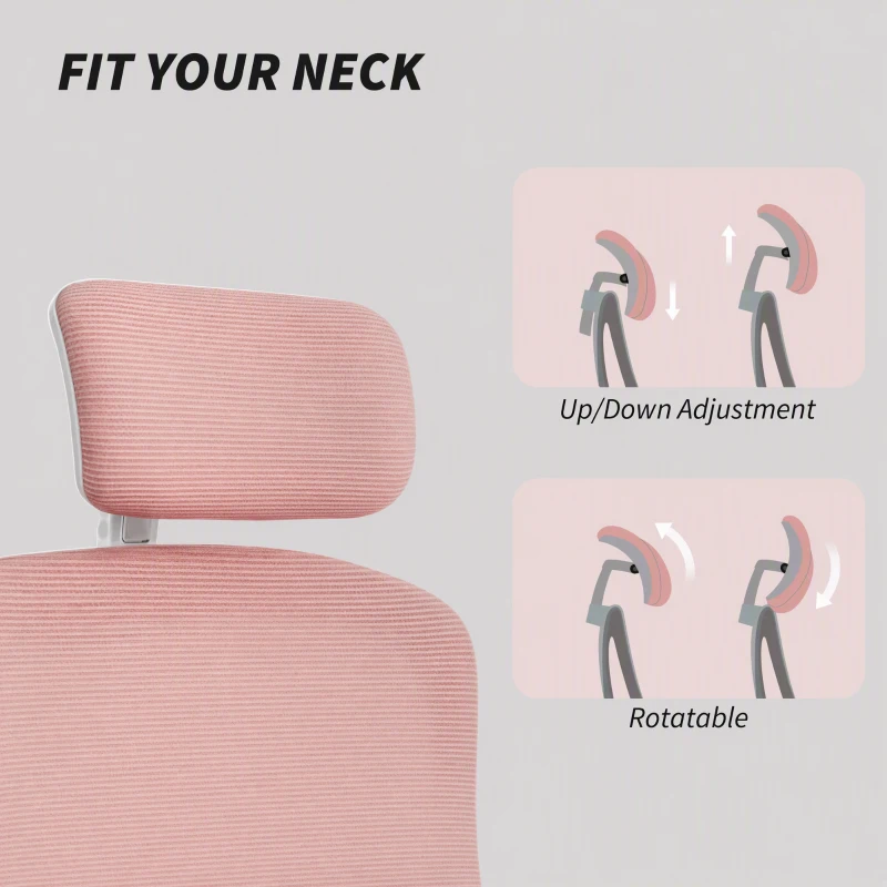 HOMCOM Ergonomic Office Chair, Mesh Desk Chair with Adjustable Headrest, Lumbar Support and Height, Flip-Up Armrests, Pink