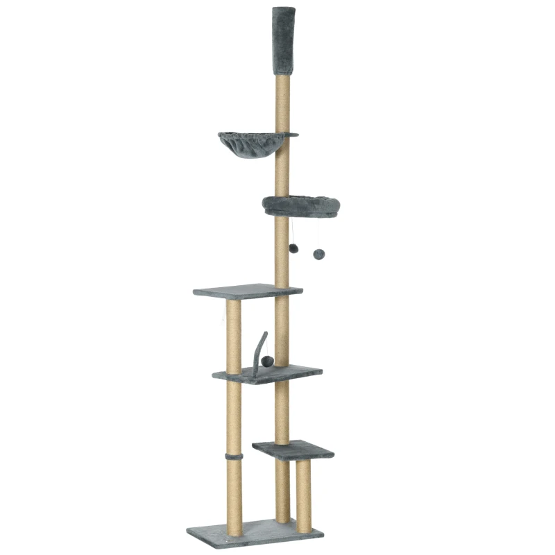 PawHut Floor to Ceiling Cat Tree, 90.5" - 98.5" Cat Tower with Scratching Post, Dangling Balls, Platforms, Bed, Hammock, Grey