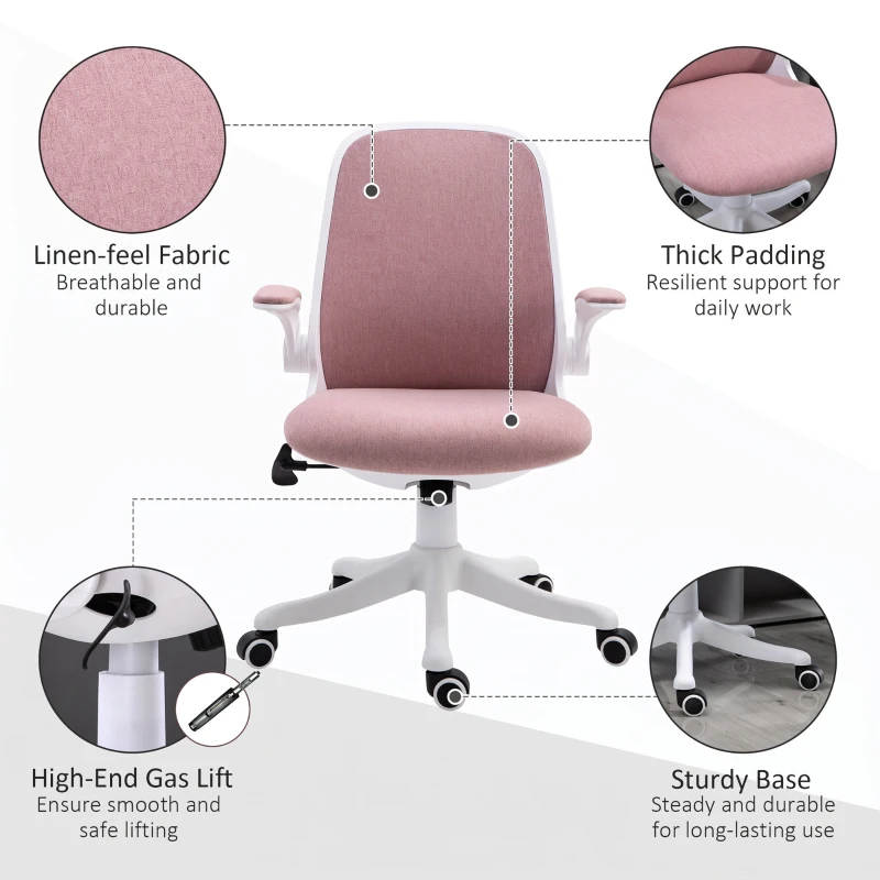 Vinsetto 360° Swivel Office Chair Task Chair, Breathable Fabric Computer Chair with Flip-up Arms and Adjustable Height, Pink