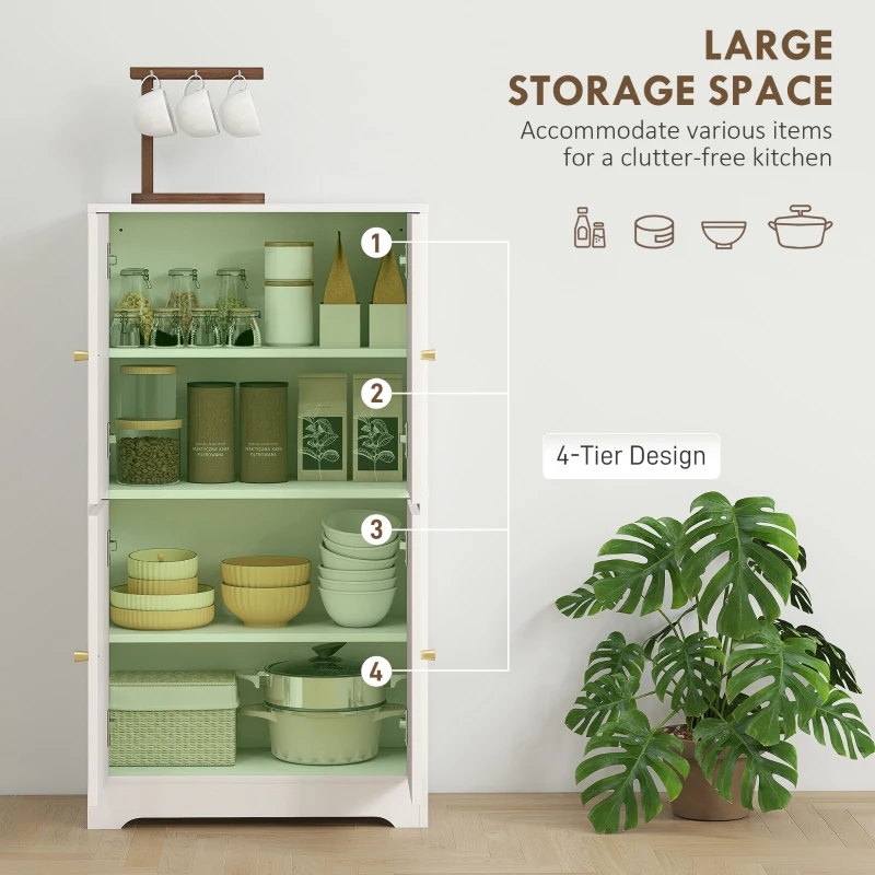 HOMCOM 43" Kitchen Pantry Cabinet, Freestanding Modern Storage Cabinet with 4 Arched Doors and 2 Adjustable Shelves, White
