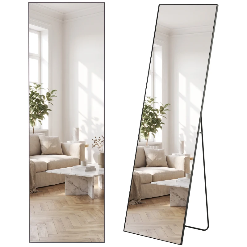 HOMCOM 64"x20" Full Length Mirror, Tempered Glass Floor Mirror with Stand, Standing, Hanging or Leaning Against Wall, Black