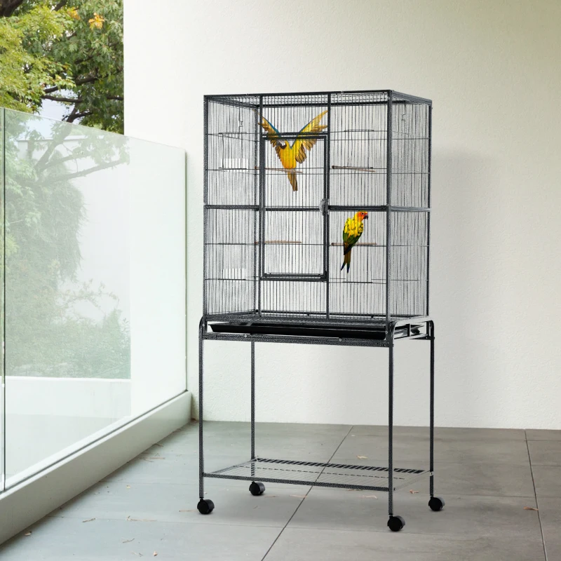 PawHut Large Rolling Metal Bird Cage Bird House with Detachable Rolling Stand, Storage Shelf, Wood Perch Food Container - Black