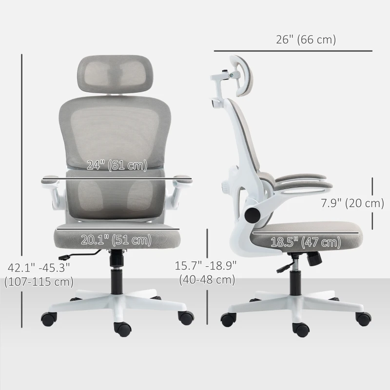 HOMCOM Mesh Office Chair, Ergonomic Desk Chair with Flip-up Armrest, Rotatable Headrest, Adjustable Lumbar Support, Grey