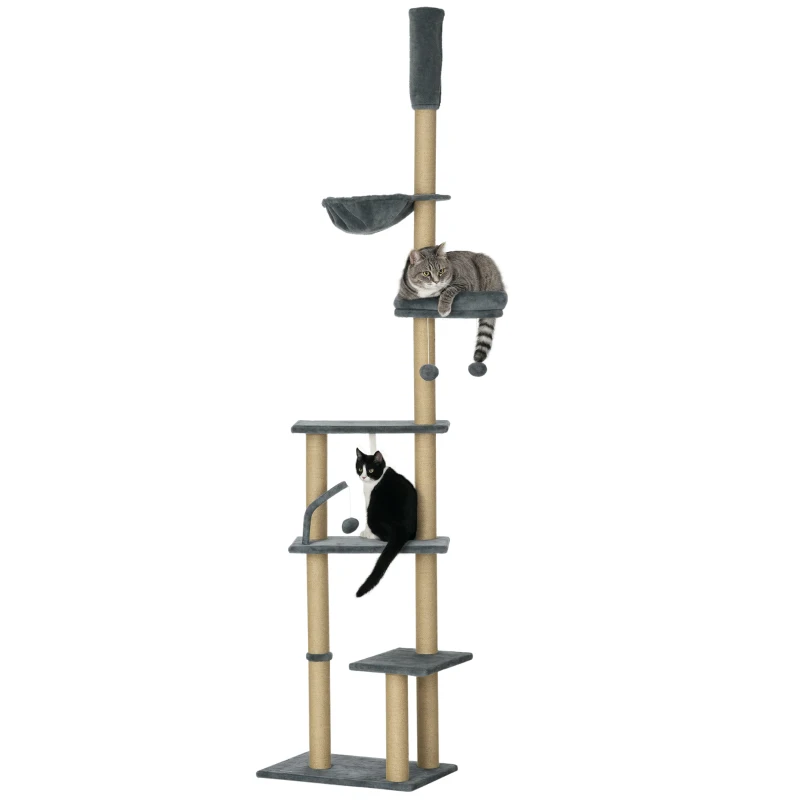 PawHut Floor to Ceiling Cat Tree, 90.5" - 98.5" Cat Tower with Scratching Post, Dangling Balls, Platforms, Bed, Hammock, Grey