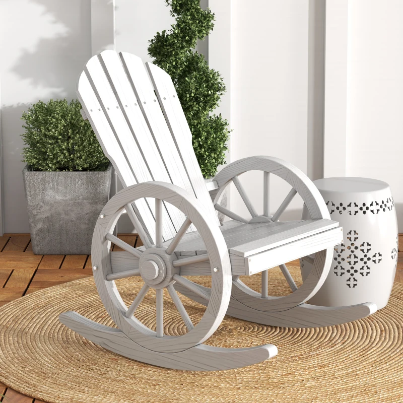 Outsunny Wooden Rocking Chair, Adirondack Rocker Chair w/ Slatted Design and Oversized Back, for Porch, and Garden, White