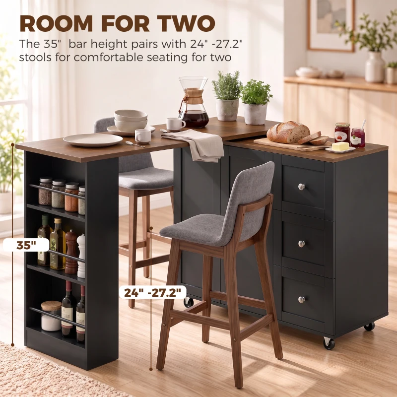 HOMCOM Bar Table with Storage Counter Height Table 3 Drawers Side Shelves, Walnut and Black