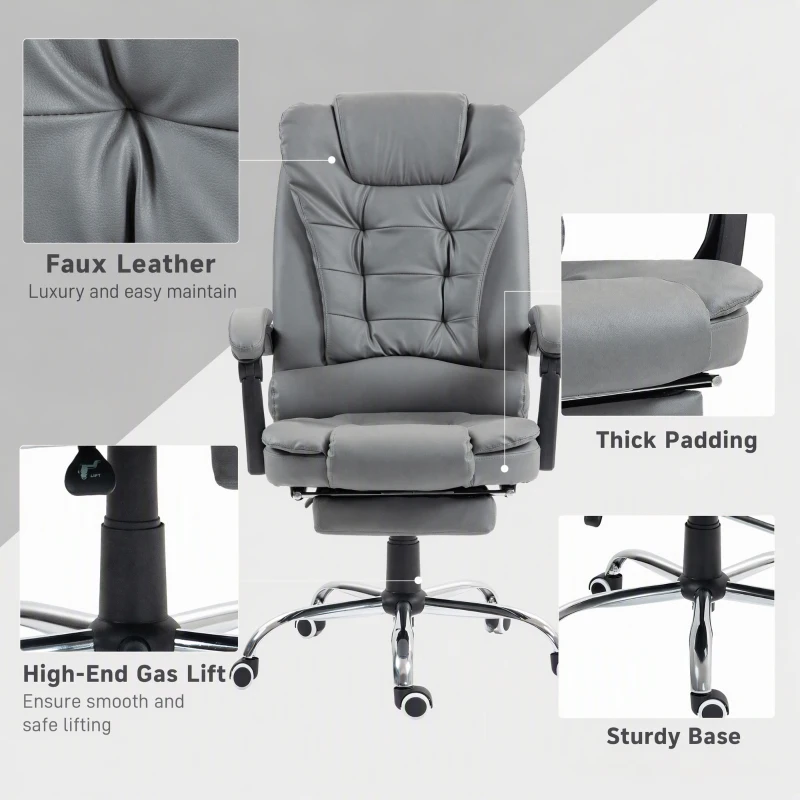 HOMCOM High Back Office Chair PU Leather Executive Office Chair with Retractable Footrest Padded Armrest Grey