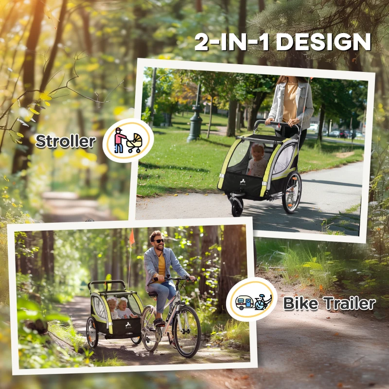 Aosom 2 Seat Bike Trailer for Kids 2-in-1 Double Baby Stroller with Handbrake, Rubber Wheels, 5 Point Harness, Yellow