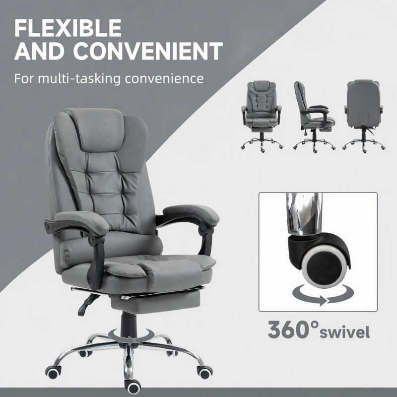 HOMCOM High Back Office Chair PU Leather Executive Office Chair with Retractable Footrest Padded Armrest Grey