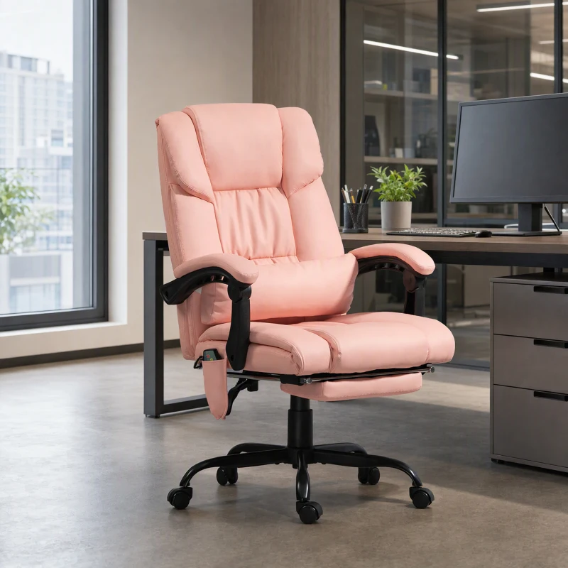Vinsetto 6-Point Vibration Massage Chair, Height Adjustable Reclining Computer Chair with Retractable Footrest, Pink
