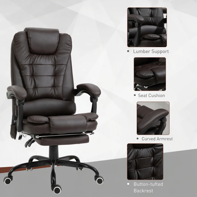 Vinsetto 7-Point Vibrating Massage Chair, Reclining Office Chair with Footrest, Reclining Back, Adjustable Height, Brown