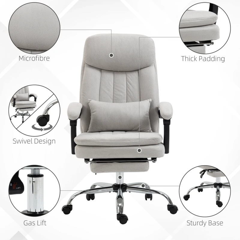 Vinsetto High Back Office Chair, Microfibre Computer Desk Chair with Lumbar Support Pillow, Foot Rest, Reclining Back, Arm, Light Grey