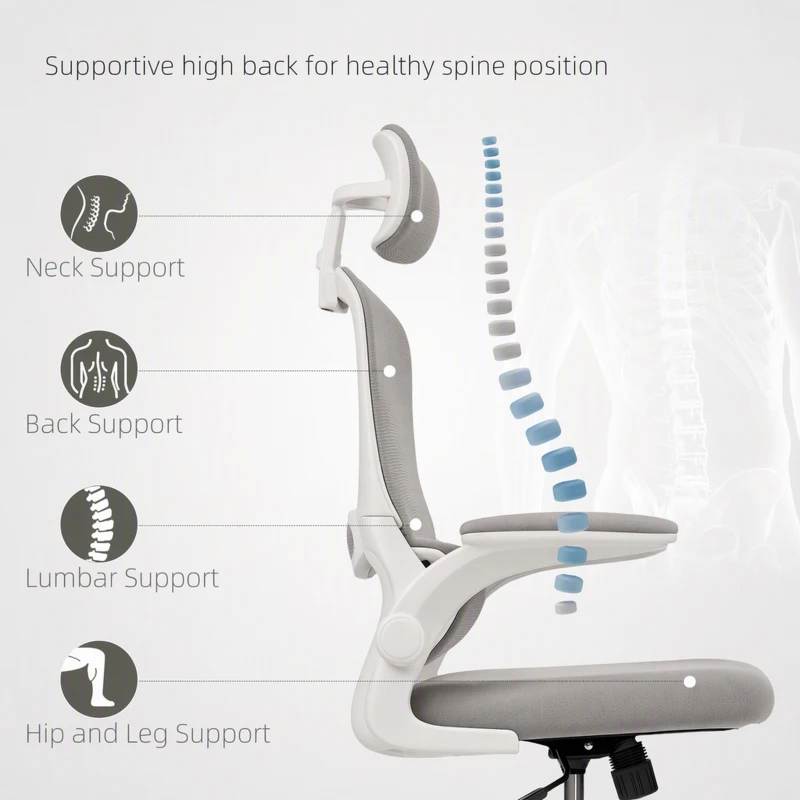 HOMCOM Ergonomic Mesh Office Chair, High Back Desk Chair with Rotatable Headrest, Flip-Up Armrests, Lumbar Support, Grey, White