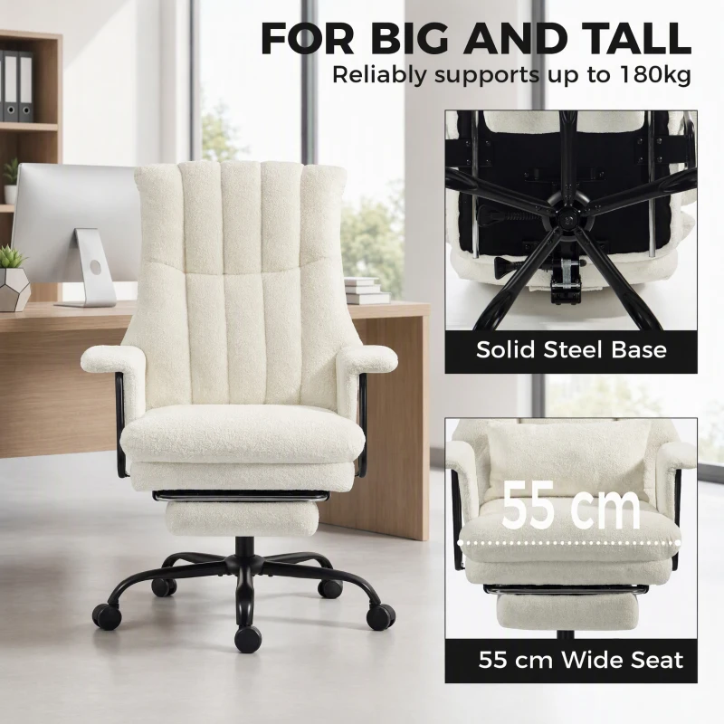 HOMCOM Office Chair, 400 lbs Heavy Duty Linen Computer Desk Chair with Lumbar Support, Wide Seat, Spring Cushion, Cream White