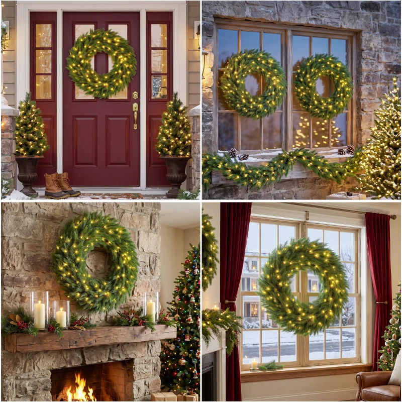 HOMCOM Christmas Decoration, 36 in Pre-Lit Norwegian Spruce Artificial Christmas Wreath with 100 LED Lights, Green