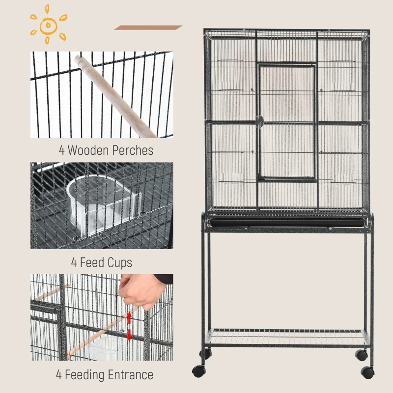 PawHut Large Rolling Metal Bird Cage Bird House with Detachable Rolling Stand, Storage Shelf, Wood Perch Food Container - Black