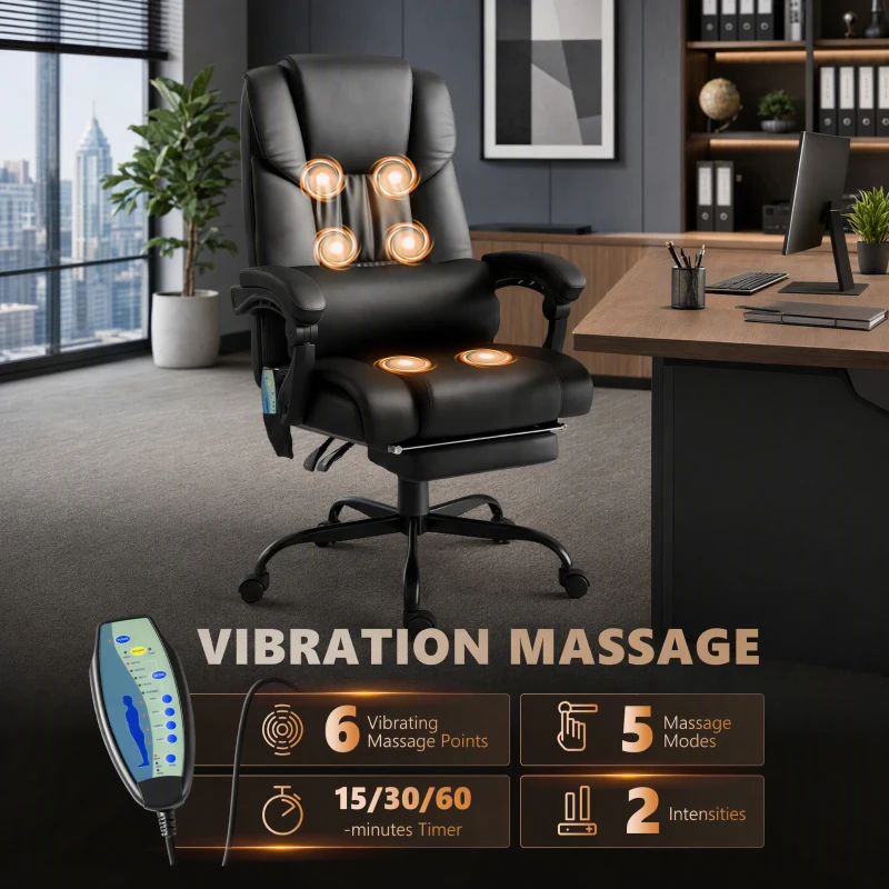 Vinsetto 6-Point Vibration Massage Chair, Height Adjustable Reclining Computer Chair with Retractable Footrest, Black