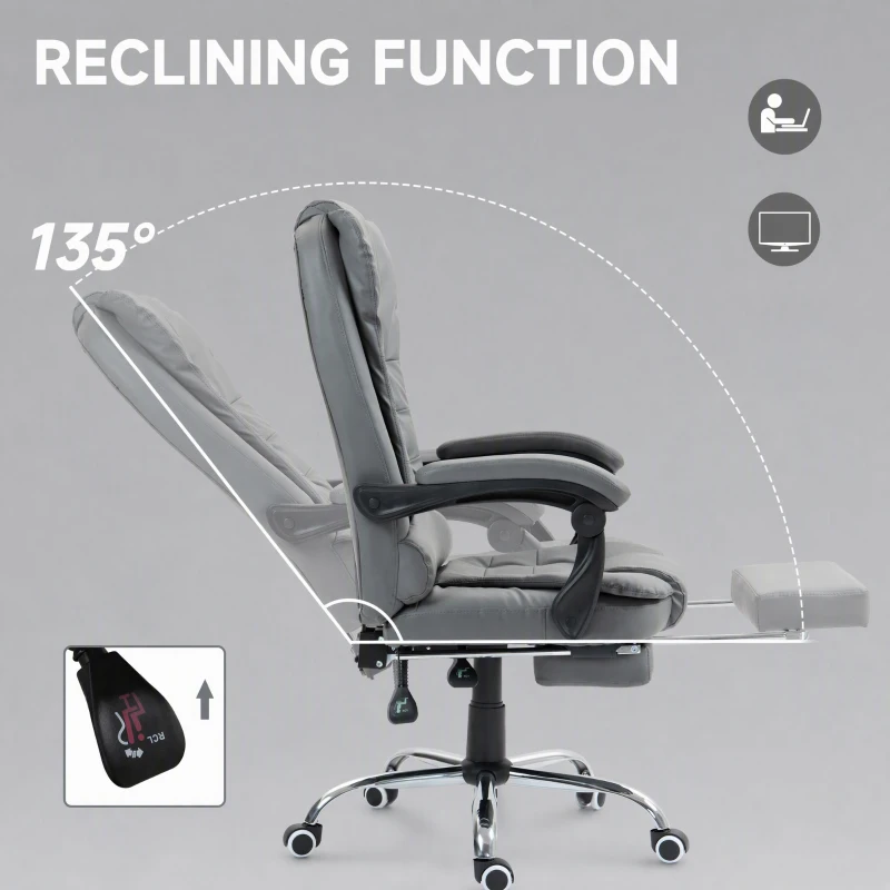 HOMCOM High Back Office Chair PU Leather Executive Office Chair with Retractable Footrest Padded Armrest Grey