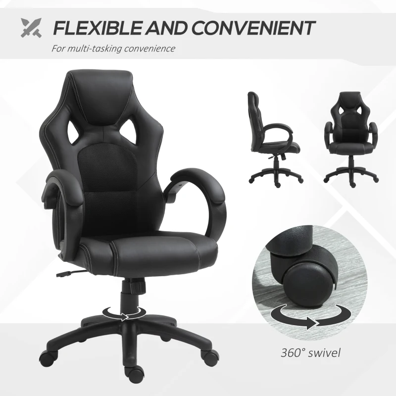 HOMCOM Racing Gaming Chair Computer Gamer Chair with Swivel Wheels, Padded Headrest, Tilt Function, Black