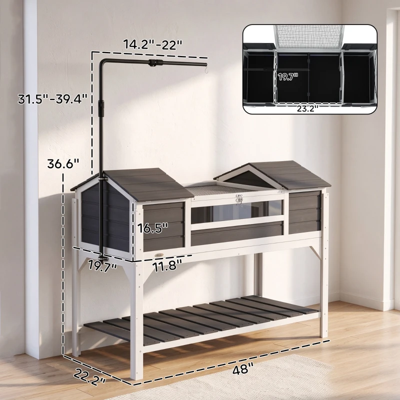 PawHut Tortoise Enclosure Tortoise House with Adjustable Lamp Holder Storage Shelf, Dual Main Houses, Openable Lid, Gray
