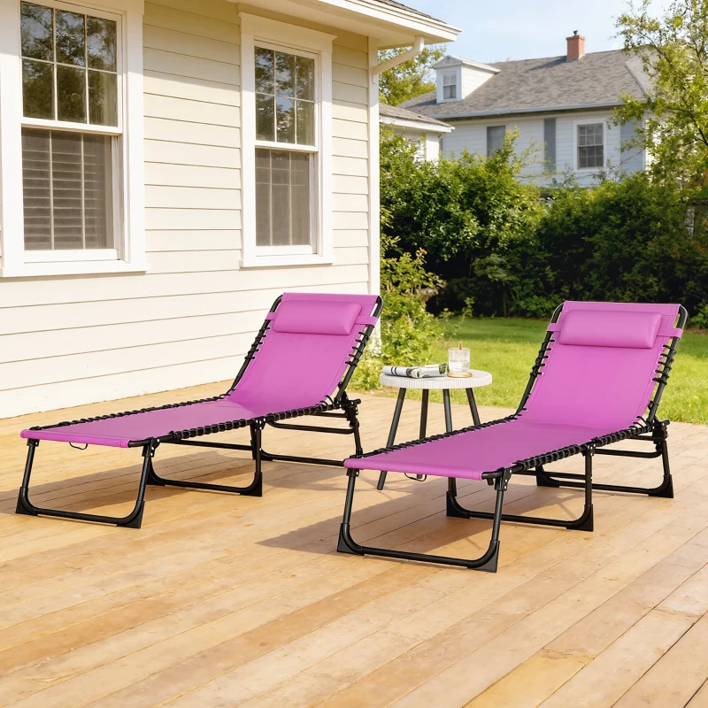 Outsunny 2 Folding Chaise Lounge Pool Chairs with 4-Position Reclining Back, Pillow, Breathable Mesh & Bungee Seat, Purple