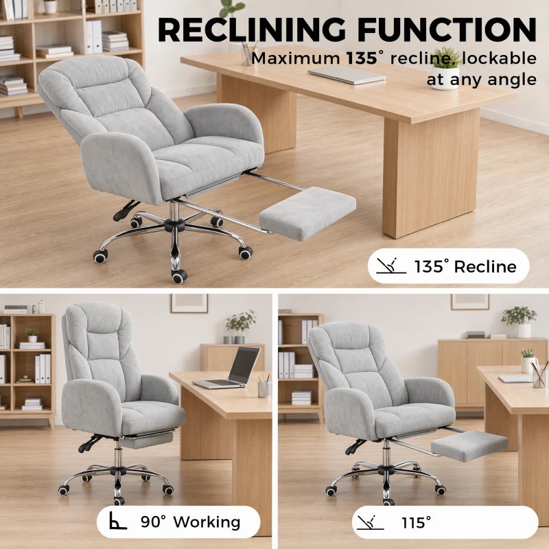 HOMCOM wide-seat Office Chair with Footrest, 90°-180° Flip Armrests, Task Desk Chair, Light Grey