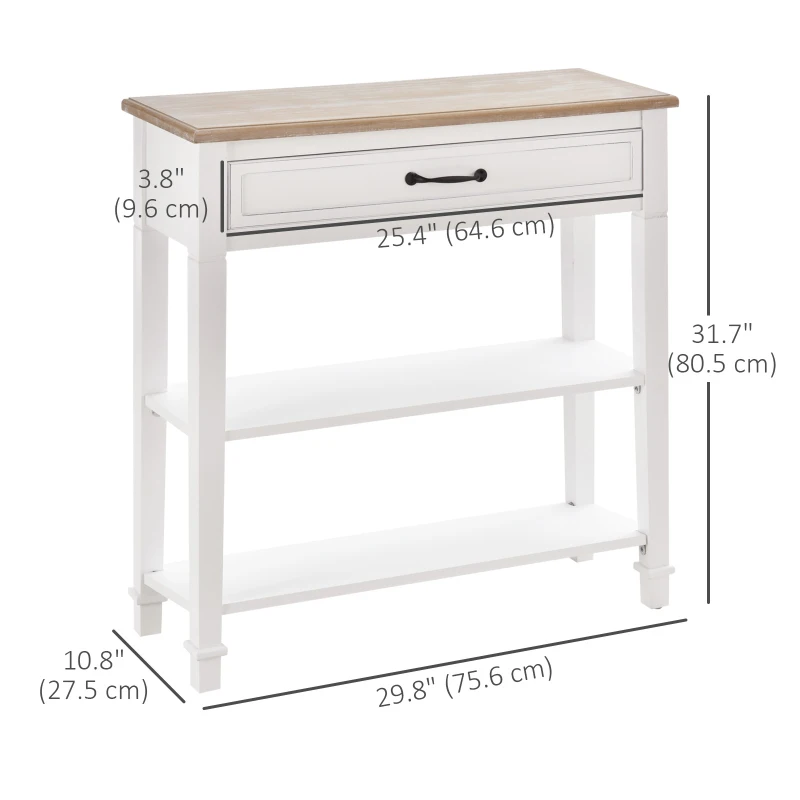 HOMCOM 30" Console Table, Modern Narrow Entryway Table with Drawer and 2 Shelves, Sofa Table for Living Room, Hallway, White