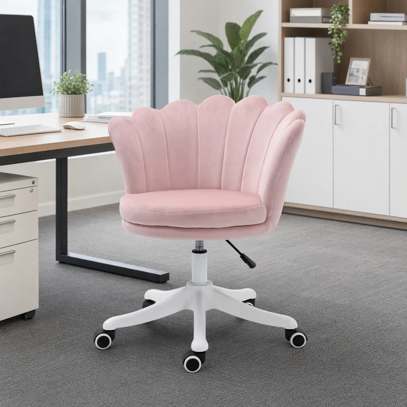 HOMCOM Adjustable Height work Chair, Mid Back Velvet Office Chair with Swivel Wheels, Pink
