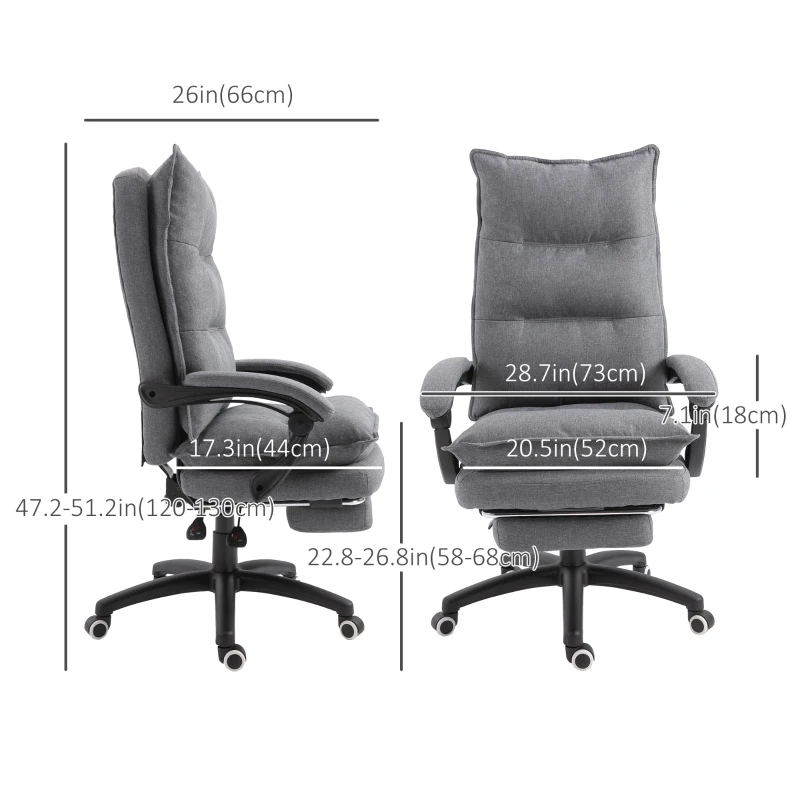 Vinsetto Office Chair 360° Swivel Adjustable Height Linen Style Fabric Recliner with Retractable Footrest and Double Padding, Grey