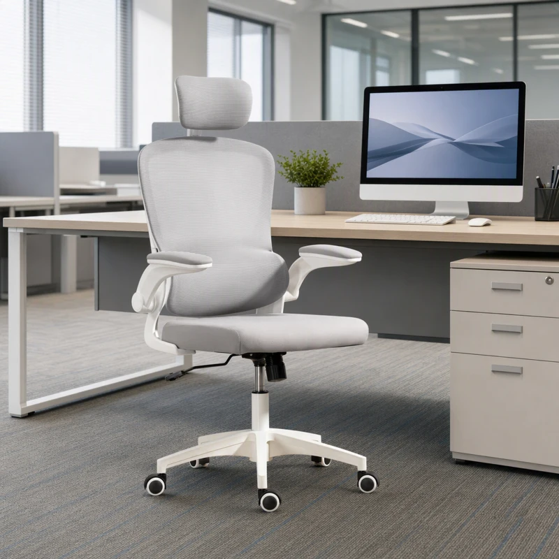 HOMCOM Ergonomic Mesh Office Chair, High Back Desk Chair with Rotatable Headrest, Flip-Up Armrests, Lumbar Support, Grey, White