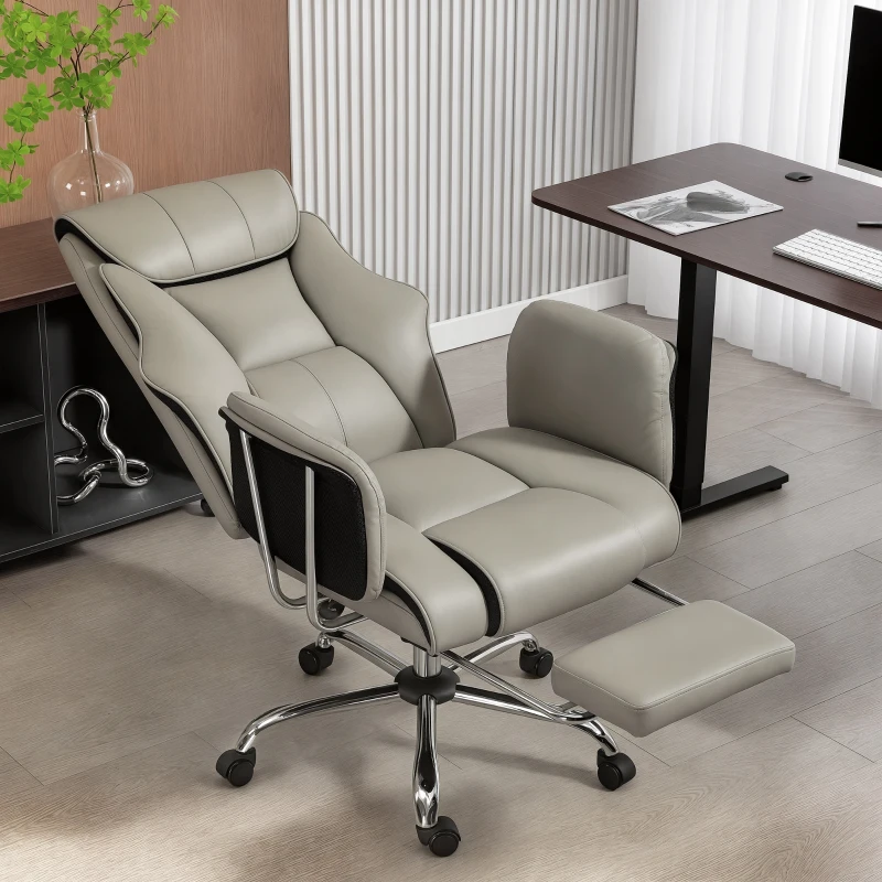 HOMCOM Reclining Office Chair, Overstuffed Executive Desk Chair with High Back, PU Leather, Footrest, Swivel Wheels, Grey