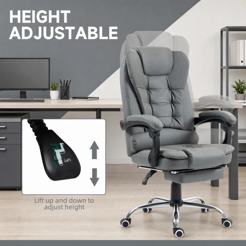 HOMCOM High Back Office Chair PU Leather Executive Office Chair with Retractable Footrest Padded Armrest Grey