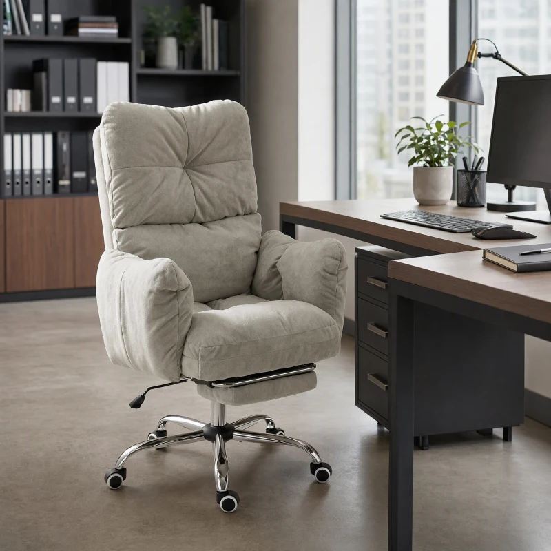 HOMCOM Office Chair with Foot Rest, Ergonomic Reclining Computer work Chair w/ Snow Flannel Fabric, Thick Cushion, Light Grey