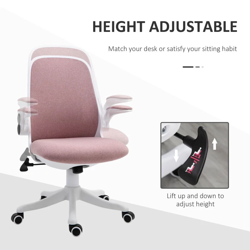 Vinsetto 360° Swivel Office Chair Task Chair, Breathable Fabric Computer Chair with Flip-up Arms and Adjustable Height, Pink