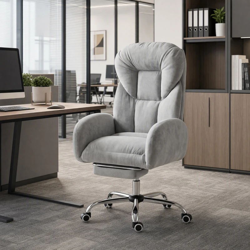 HOMCOM wide-seat Office Chair with Footrest, 90°-180° Flip Armrests, Task Desk Chair, Light Grey