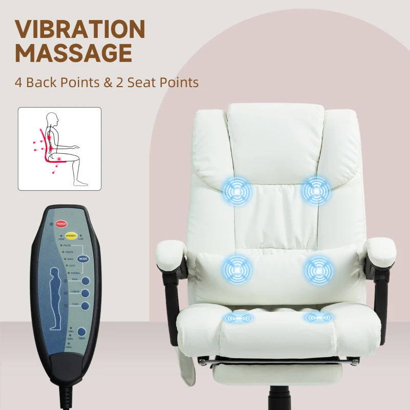 Vinsetto 6-Point Vibration Massage Chair, Height Adjustable Reclining Computer Chair with Retractable Footrest, White