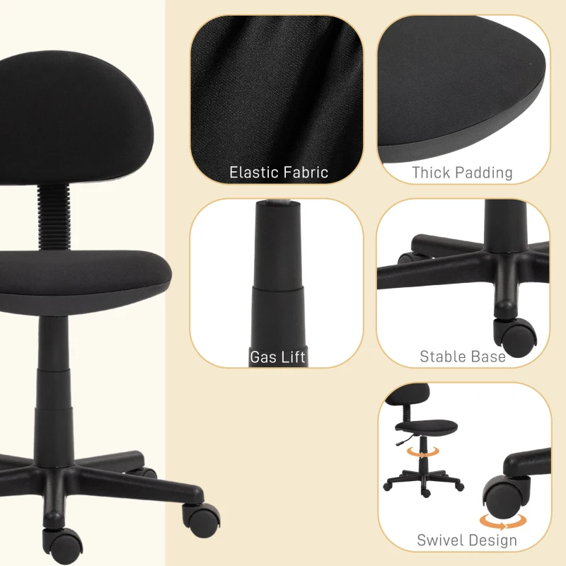 HOMCOM Small Desk Chair, Armless Office Chair with Adjustable Height, 360° Swivel Wheels, Low Back for Small Spaces, Black