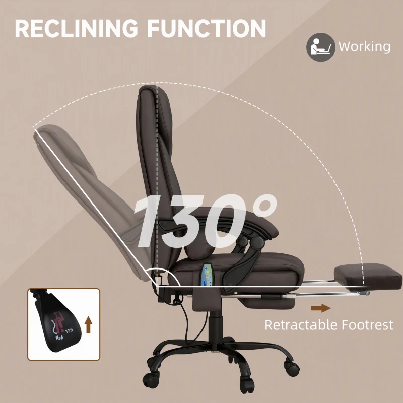 Vinsetto 6-Point Vibration Massage Chair, Height Adjustable Reclining Computer Chair with Retractable Footrest, Brown